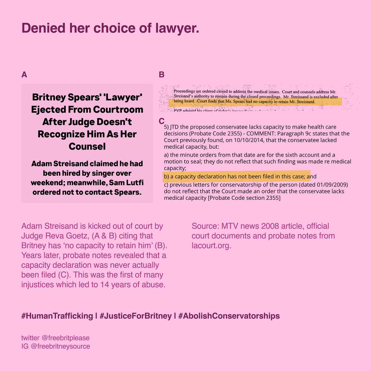 @AGRobBonta How come Britneys lawyer was ejected from the courtroom in 2008 due to ‘capacity’ - yet NO capacity declaration was ever filed? If there is no #JusticeForBritney how can there be any for other lesser known probate court victims? #HumanTraffickingAwarenessDay