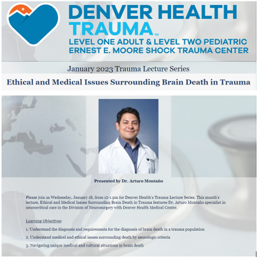 ColoradoTrauma's tweet photo. Need CE/CME ? Denver Health Trauma is hosting their monthly Trauma Lecture Series January 18 from 12p-1p MST.  Learn about Ethical &amp; Medical Issues Surrounding Brain Death in Trauma. Use the link to register https://t.co/HBM3ogWht1. #Trauma #ACS #Education #Nurses #EMS #DHTrauma https://t.co/YjM3eLcnvQ