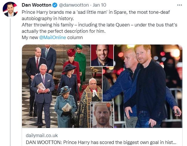BadWritingTakes's tweet image. "Yeah? Well, um... I KNOW YOU ARE BUT WHAT AM I?"
- Dan Wootton, totally owning Prince Harry in the Mail

In other news, #sadlittleman is currently trending on Twitter