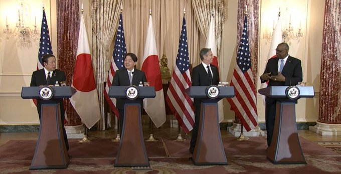 A screenshot of Japanese Defense Minister Hamada, Japanese Foreign Minister Hayashi, U.S. Secretary of State Blinken, and U.S. Secretary of Defense Austin at the "2+2" meeting in Washington on January 11, 2023.  (Courtesy of U.S. Department of State video)