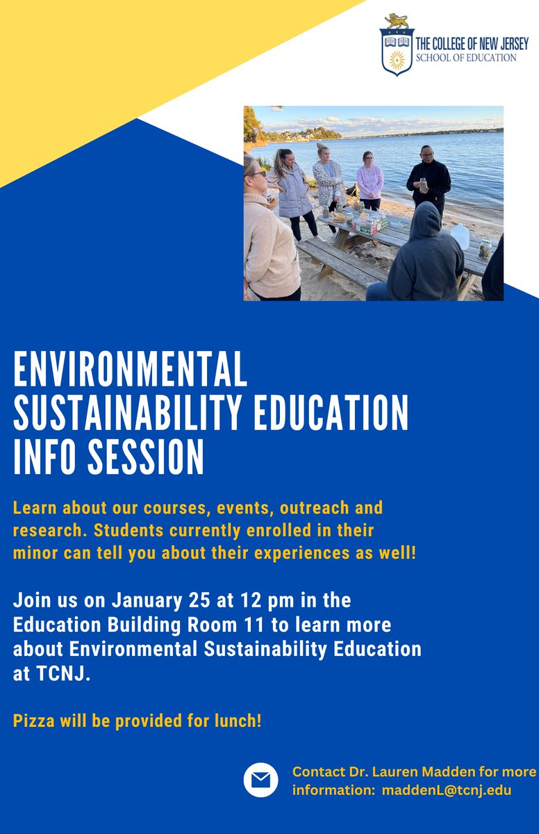 EnvSusTCNJ's tweet image. Interested in learning more about environmental sustainability education @tcnj? Want to graduate as prepared as can be to address the NJ Climate Change standards? Join us for pizza and a chat on Jan 25! @TCNJSchoolofEd #climatechangeed #climateed4all