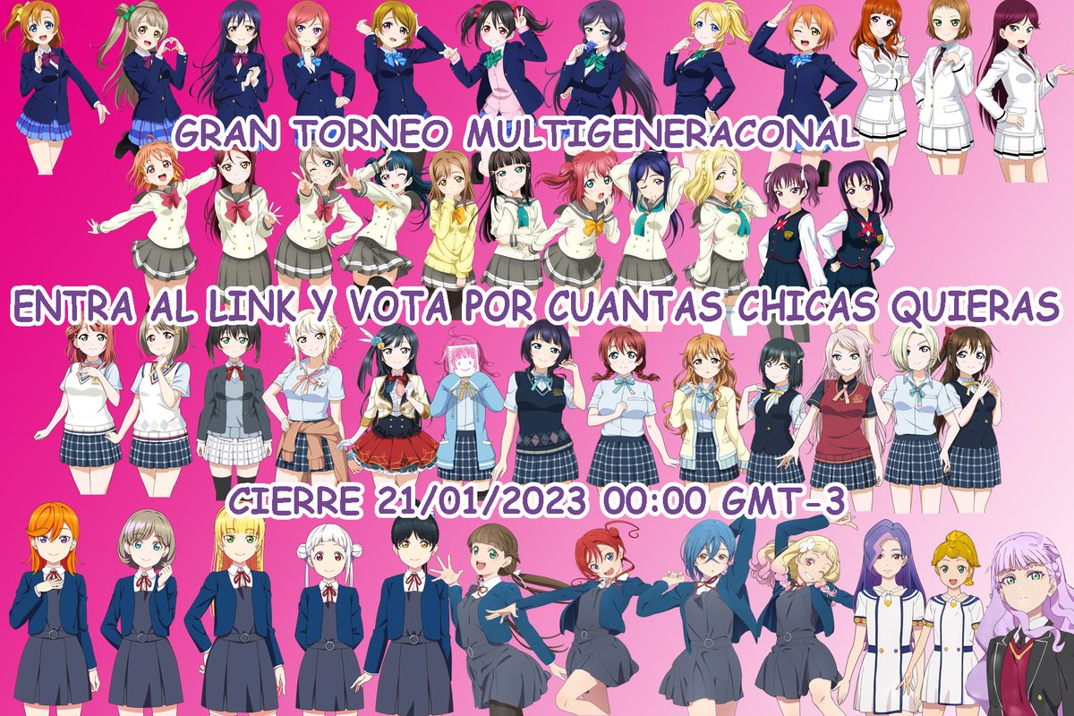 Gran encuesta de popularidad de Love Live
Elijamos a la chica más popular de #LoveLive en Twitter!.
Pueden votar por cuantas chicas quieran, solo una vez por correo, en link ⬇️
forms.gle/YWsVuzEk4Hzap9…
Cerraré las votaciones el 21/01 a las 00:00 GMT-3
Agradeceré mucho sus RT! 
(+)