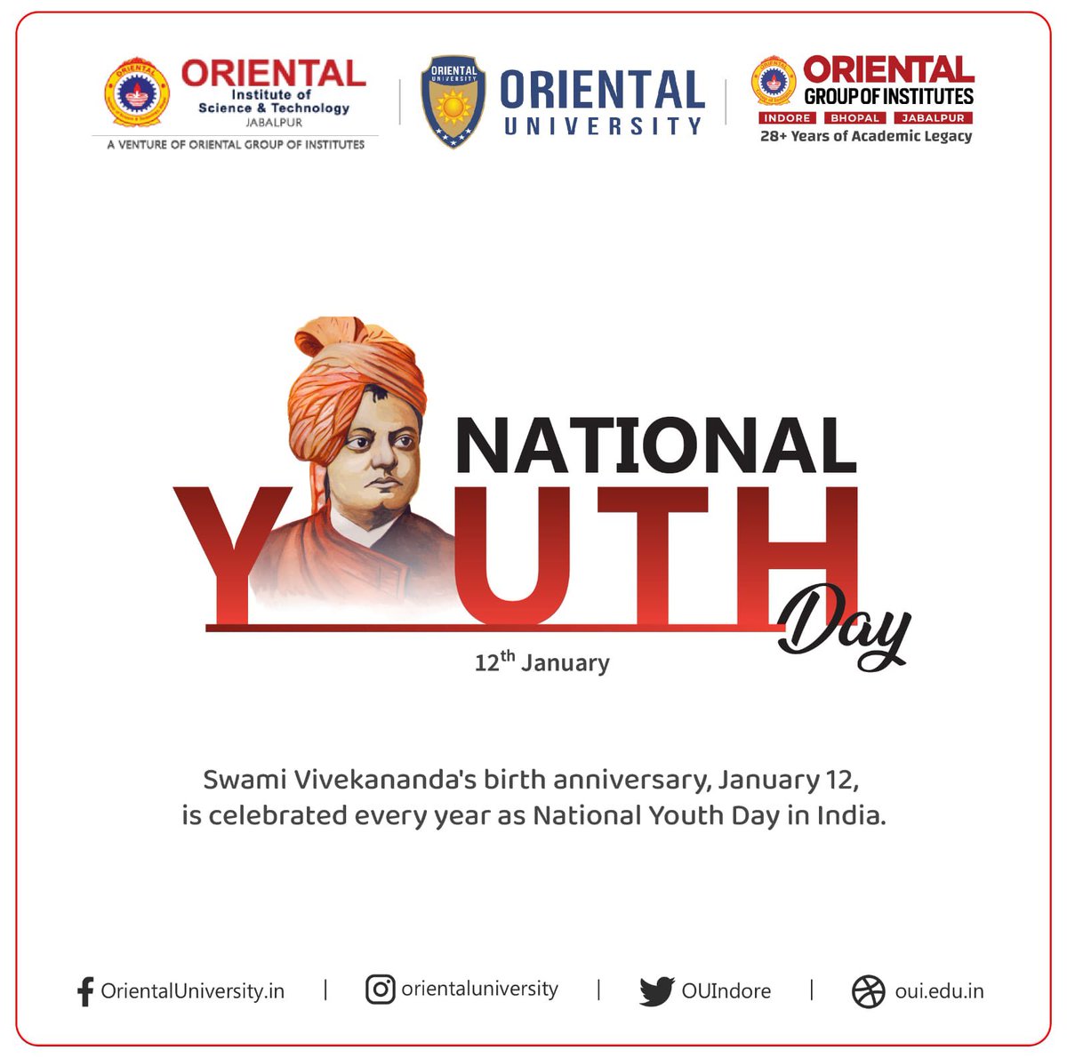 OUIndore's tweet photo. On the occasion of Youth Day, let us come together to contribute towards the wellness and happiness of youth for making our country a better one. Happy National Youth Day. https://t.co/P7lCVfRQbW