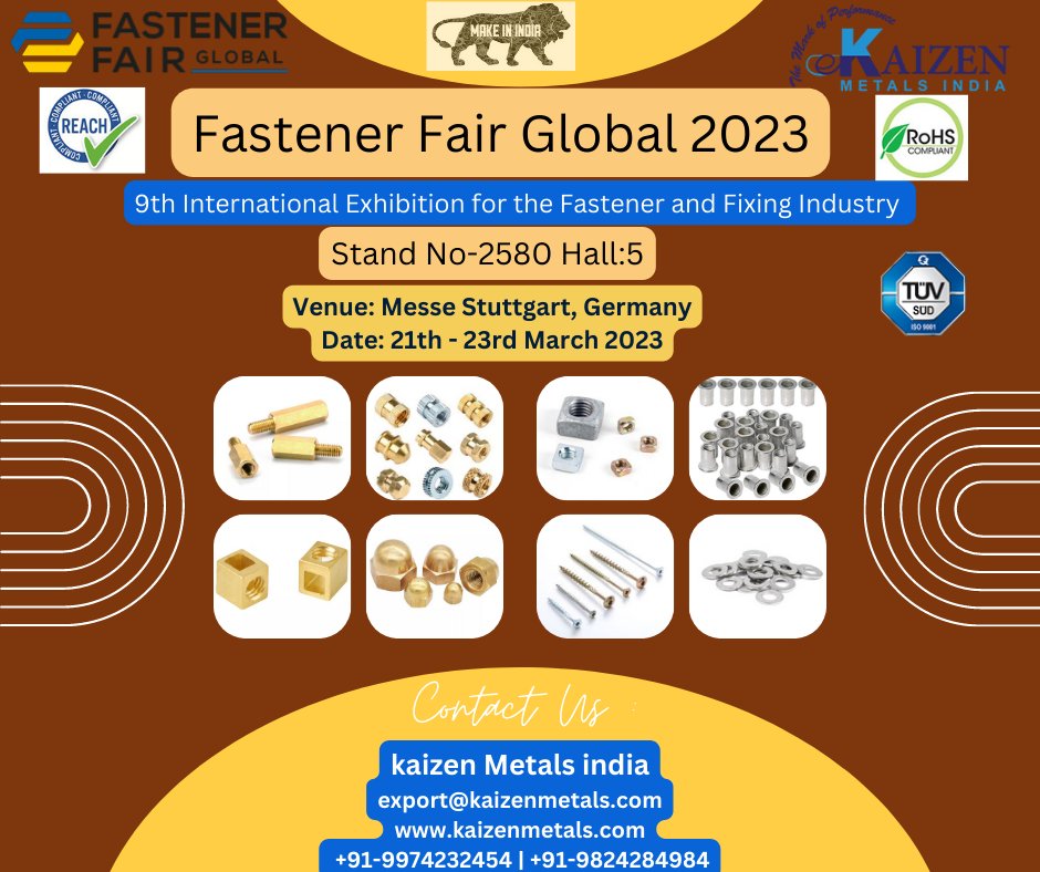 kaizenmetals1's tweet photo. #fastenerfairglobal
9th International Exhibition for the Fastener and Fixing Industry
Join Us Stand No-2580 Hall:5
Date: 21th - 23rd March 2023
#Venue: Messe Stuttgart, Germany
#Email: export@kaizenmetals.com
#Callus: +91-9974232454 | 9824284984
#FastenerFairGermany https://t.co/4f5YONc3KT