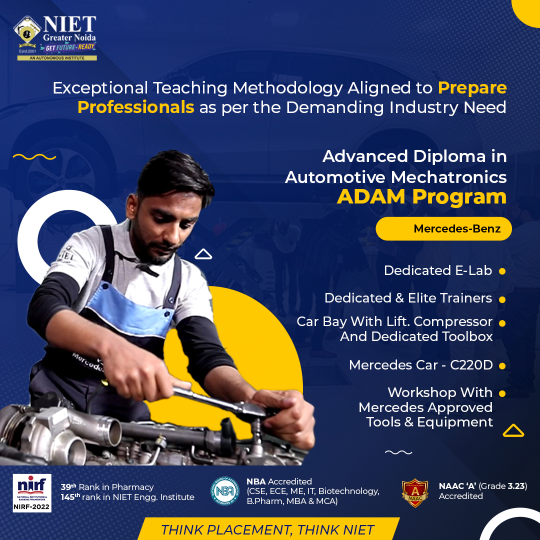 #ADAMPROGRAM MERCEDES-BENZ
ADAM, offered by #NIET in conjunction with #MercedesBenz, teaches #students everything they need to know about this dynamic field.
.
.
#ThinkNIETThinkAhead #engineering #mechanicalengineering #engineeringstudent #tieup #MercedesBenzIndia #mechatronics