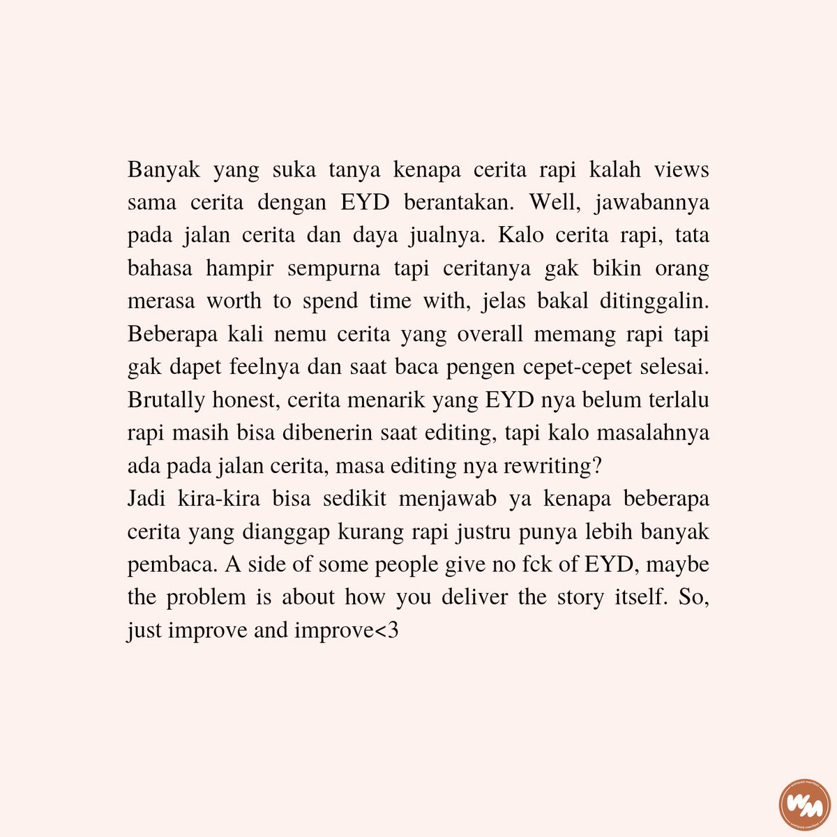 wattpadmenfess_'s tweet photo. "EYD berantakan tapi kok yang baca jutaan?"
/wp/ https://t.co/OdA6LjHxHC