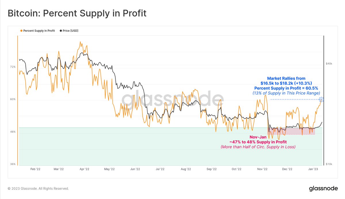 As #Bitcoin rallies to $18.2k, over 13% of the Circulating Supply has  returned to profit. The observed sharp move upwards in this metric helps to  confirm that a large volume of $BTC