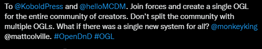 JazzElves's tweet photo. OK, here we go, tonight's tweet that I'm riled up about and will threaten to overwhelm my notifications in the morning.

Let's talk about what an "Open Gaming License" actually is, and why it's a big-ish deal, and why this take is ALMOST it aside from the cult of personality. https://t.co/T80Njxn9w3