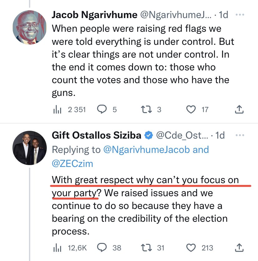 1. Please spare a moment to pray for Jacob Ngarivhume <a href="/NgarivhumeJacob/">Jacob Ngarivhume</a>  … 

This man is going through the most. 

Chamisa’s 3rd in Command, <a href="/Cde_Ostallos/">Gift Ostallos Siziba</a> told him to focus on his party. 

Well, Jacob doesn’t see he is NOT WANTED by Chamisa. Here is what happened in 2018
