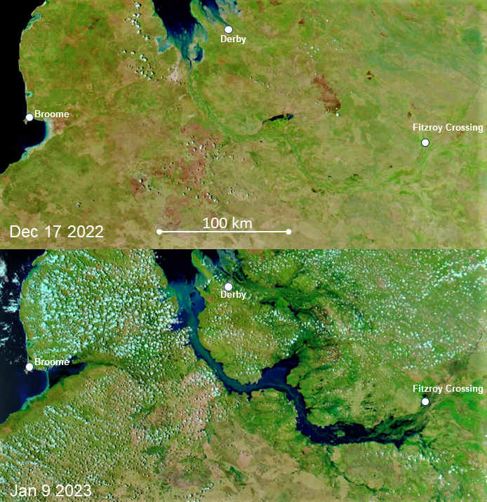 Images from <a href="/NASAEarth/">NASA Earth</a> of swollen Fitzroy River - before and after earthobservatory.nasa.gov/images/150814/…
