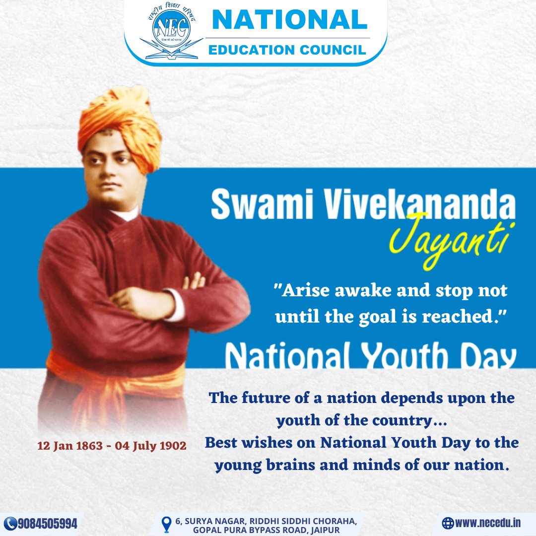 nec_jaipur's tweet photo. The future of a nation depends upon the youth of the country
#NationalEducationCouncil pays tribute to Swami Vivekananda Ji on his Jayanti🙏🏻
Best wishes on National Youth Day to the young brains and minds of our nation.
#NationalYouthDay #YouthDay #youthday2022 #swamivivekananda https://t.co/qkj6cJeLRf