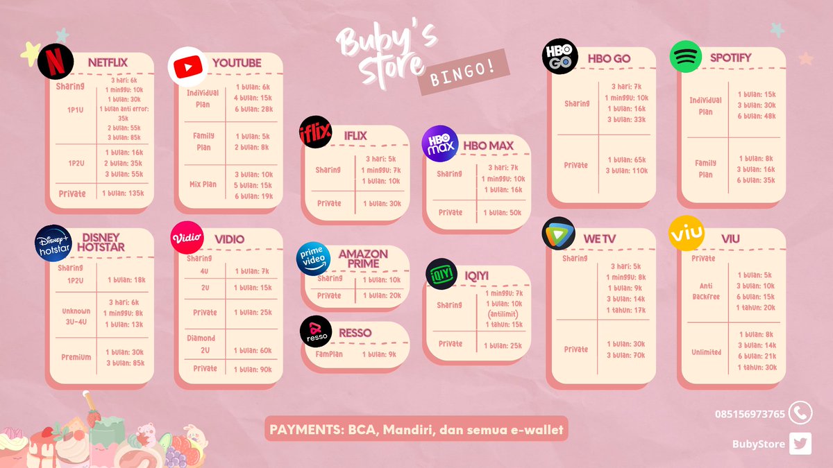 BubyStore's tweet photo. ๑ ۫💭hayii !! aku jual netflix, disney, viu, vidio, iqiyi, youtube, spotify, canva, scribd, dan lainnya ⋆.ೃ࿔*･🍭

ෆ fast processing 
ෆ  trusted
ෆ guaranteed 🍥

𝗢𝗥𝗗𝗘𝗥 :
☎️ : https://t.co/ljwQZ8GzLk
💸 : all e-wallet , qris 

#zonauang #zonaba https://t.co/8VvY8anxwl