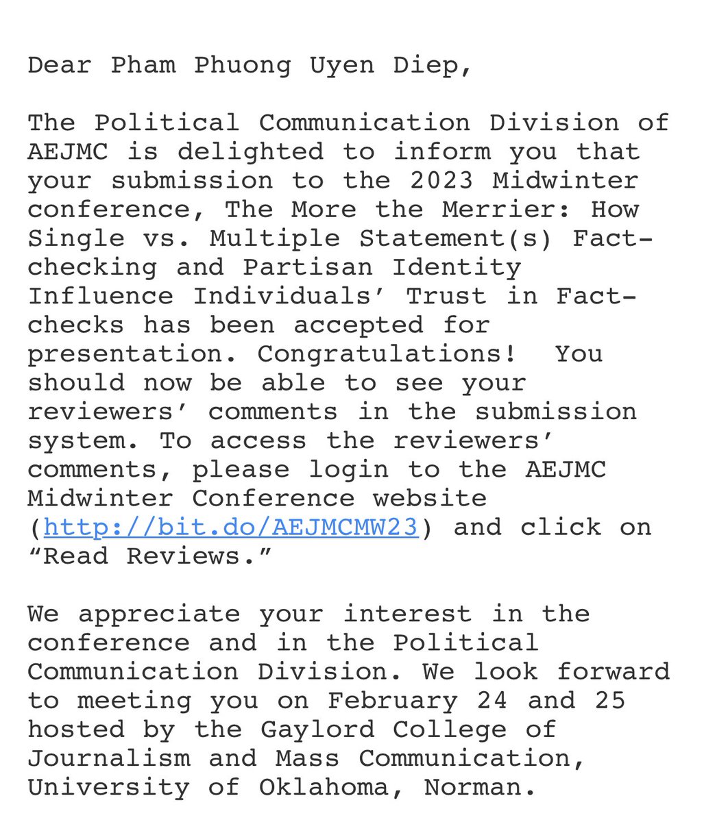 uyendpp's tweet photo. I’m glad that I had a paper accepted for #ICA23 and two papers accepted for #AEJMCMW23 but I still had three others rejected. After reading reviews, I decide to seek other chances, e.g., preconferences of ICA 😃 #thereisaway https://t.co/diM7KERWRd