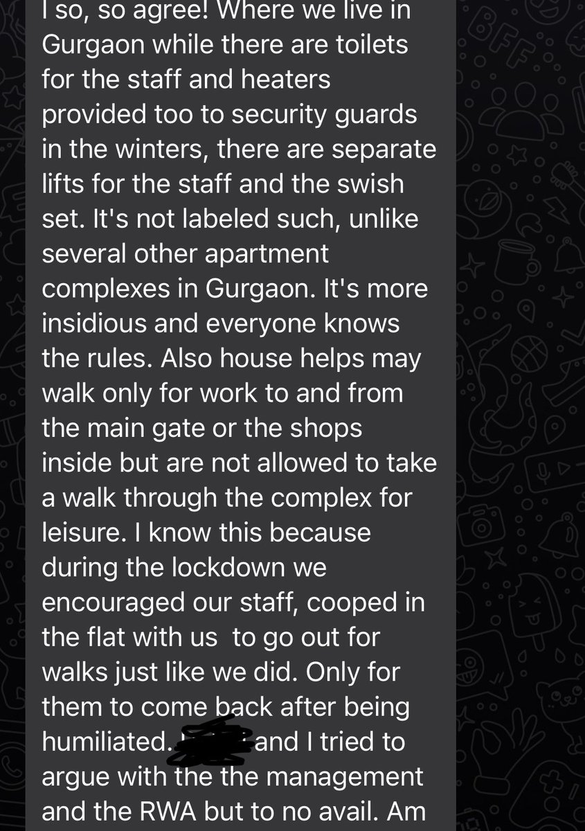 HENRIFANTHOME's tweet image. Got this very troubling response to my article from a client I shared it with. These are the fancy high rise societies in Gurgaon. How are people so awful? #workerrights #domestichelp #housingsociety #gurugram #delhi