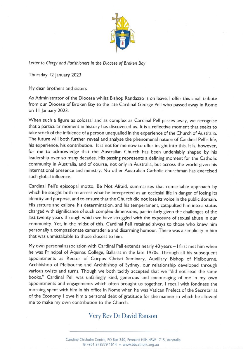 BrokenBayDioc's tweet photo. A letter to clergy and parishioners from Very Rev Dr David Ranson, Administrator of the Diocese while Bishop Randazzo is on leave, on the passing of Cardinal George Pell. https://t.co/c29DUMMb5s