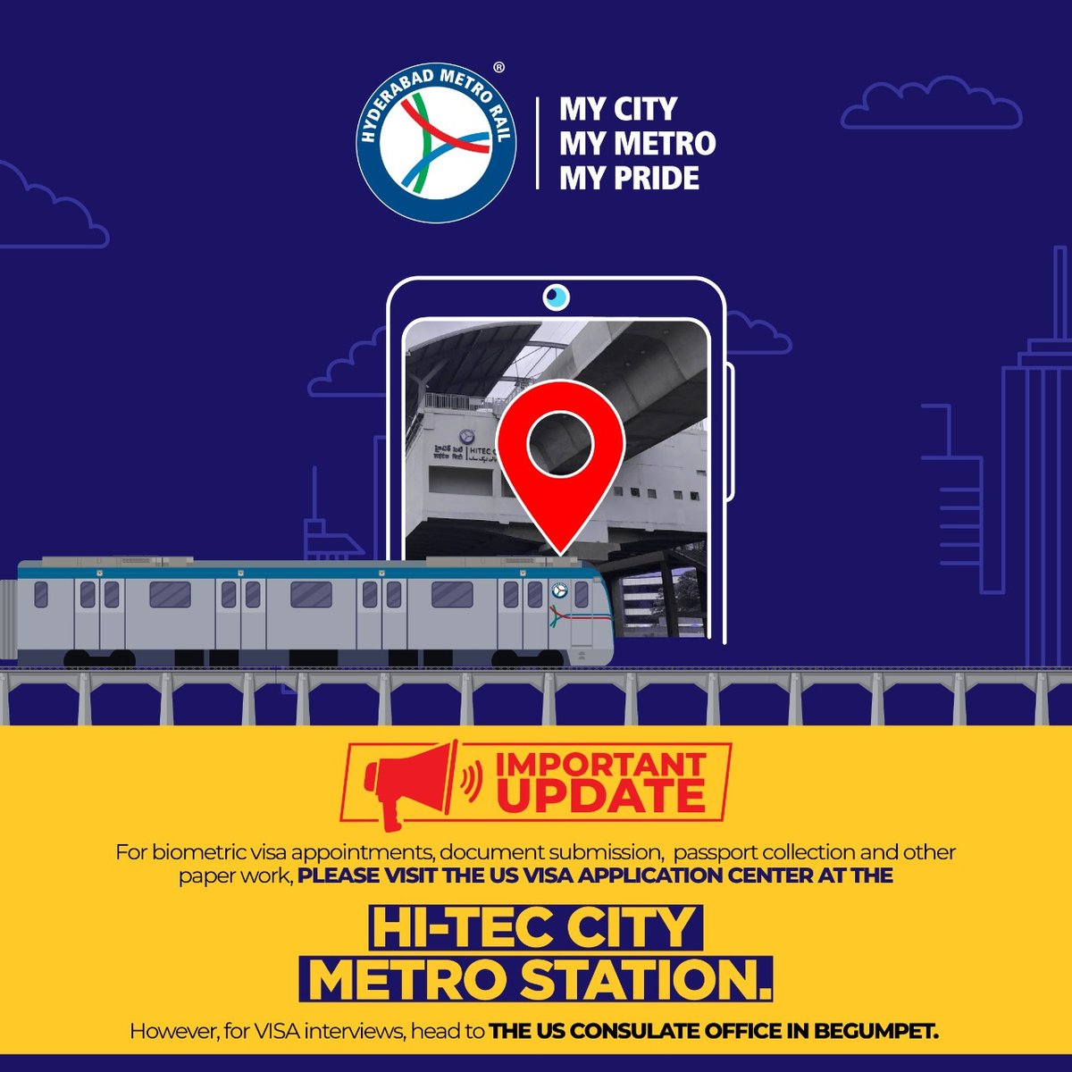 ltmhyd's tweet photo. The #USVisaApplicationCenter for #biometricvisaappointments, #documentsubmission, and #passportcollection is now shifted to Hi-Tech City Metro Station.
#landtmetro #hyderabadmetro #mycitymymetromypride #importantupdate #hitecmetrostation https://t.co/MvoMYCFI5z