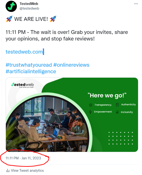 yrahimov's tweet photo. Spot on! 11:11pm on 01/11/2023!
Why 11:11? because there is only 1 truth and 1 truth only!
From now on every year January 11th is the day of Truth for us. We will never sell reviews nor ever be able to pick one business over another. Welcome to the new age of #TestedWeb https://t.co/MEGlSXGons