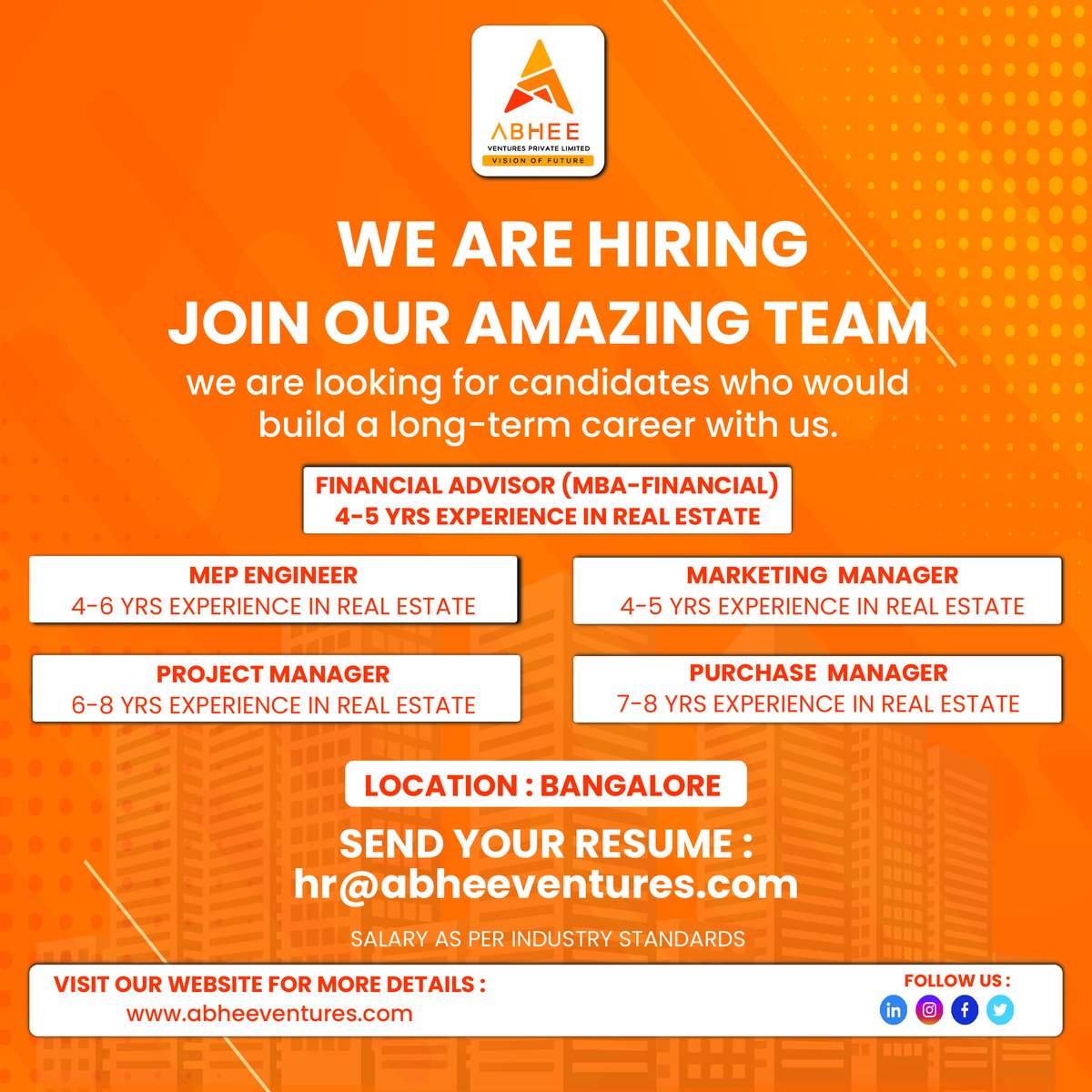 AbheeVentures's tweet photo. Candidates who are willing to work in a fast growing and fun loving environment are welcome.
Abhee Ventures is hiring for below Positions
Interested candidates share your CV on
hr@abheeventures.com
#abheeventures #realestatejobs #realestaterecruitment #realestatejobs2023 https://t.co/rtGtL6ozSQ
