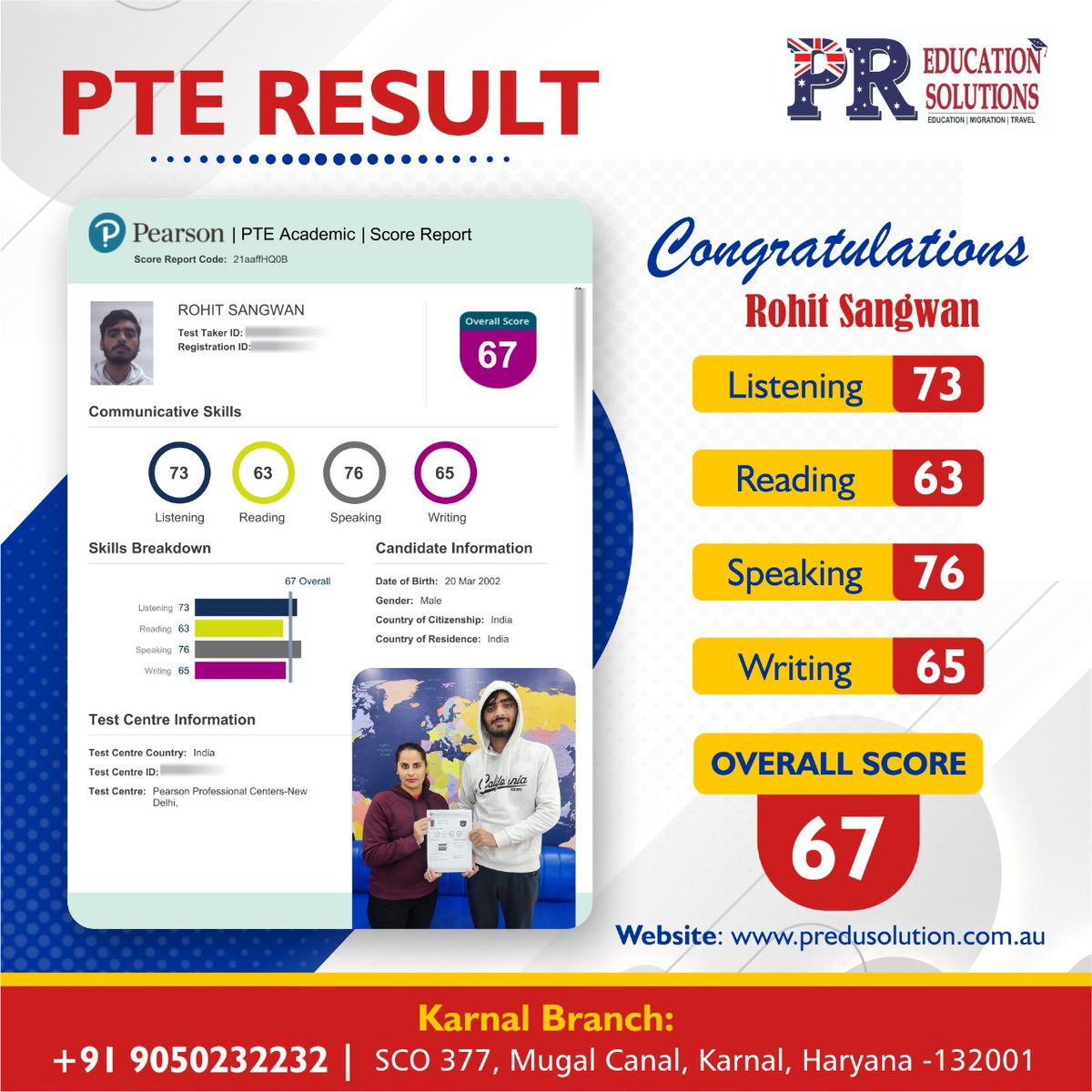 🎉🎉Congratulations 𝗠𝗿. Rohit Sangwan for achieving overall 67 Band Score in the first attempt. 🎉🎉

#predusolution #PTEprep #pteexampreparation #ptecoaching  #ptewriting #bestpteinstitute #TopPerformer #karnal #karnalcity #admissions #admissionsopen2023  #australiavisagrant