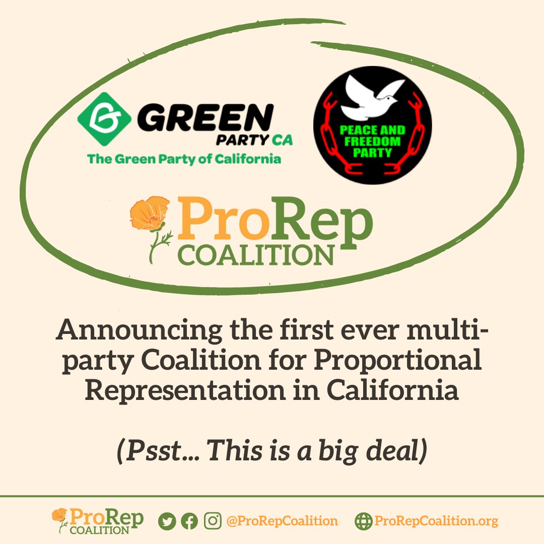 ProRepCoalition's tweet photo. We're thrilled to share that the Green Party of California and the Peace &amp; Freedom Party of California have joined ProRep Coalition as our founding coalition member organizations. Read more about the news here: https://t.co/0R3vYy3hpf https://t.co/hNL8TFG4HQ