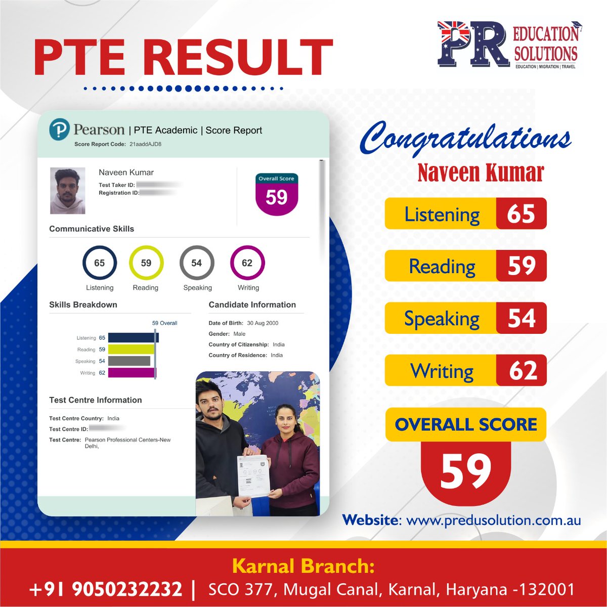 🎉🎉Congratulations 𝗠𝗿. Naveen for achieving overall 59 Band Score in the first attempt. 🎉🎉

#predusolution #PTEprep #pteexampreparation #ptecoaching  #ptewriting #bestpteinstitute #TopPerformer #karnal #karnalcity #admissions #admissionsopen2023  #australiavisagrant