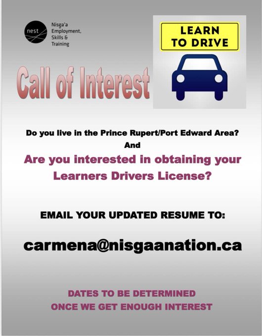 coastfunds's tweet photo. Call of Interest ➡️ New year, new skillset! @nisgaaworks is hosting a session for members in the #PrinceRupert and #PortEdward area interested in getting their learner's driver's license.
How to sign up: Email an updated resume to carmena@nisgaanation.ca https://t.co/8gPetLmMAg