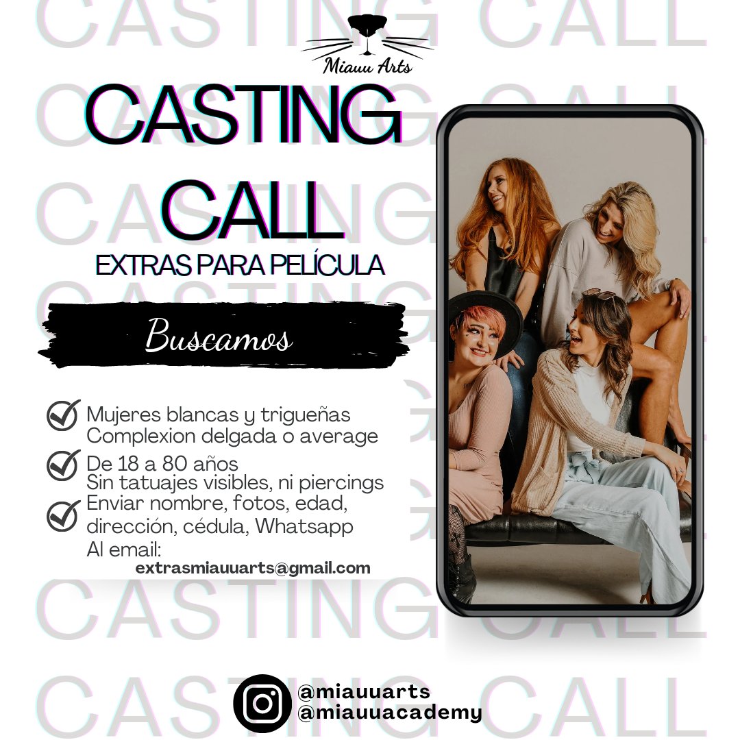 miauuarts's tweet photo. 😻Miauu Arts😻

Buscamos extras 
Si no cumples con los requisitos no apliques 🙏🏾

Datos a enviar:
Nombre y apellido
Cédula/Pasaporte 
Nacionalidad.
Lugar de residencia.
Foto de rostro y cuerpo completo.
No selfies por favor.

E-mail: extrasmiauuarts@gmail.com

#miauuarts #casting https://t.co/qD8TFDL3ZW