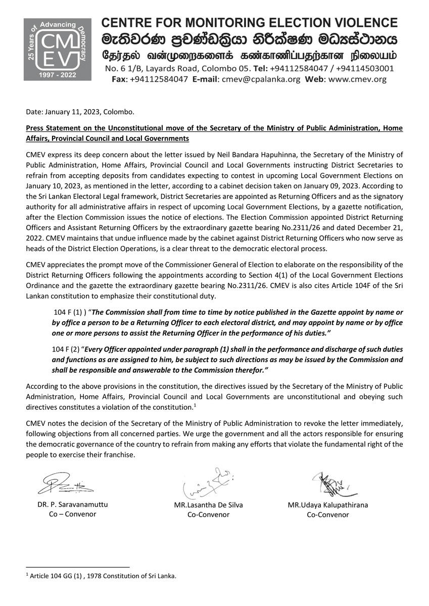 cmev's tweet photo. Press Statement:
Read the Statements here: https://t.co/y4ONHth2HR
Download Statement in English : https://t.co/qA4jkl8iTS
#Elections #LGElections #PressStatment #CPA #FMM #INFORM #ElectionCommission #CMEV #Lka https://t.co/C5fNvZTjhb