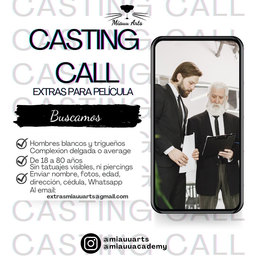 miauuarts's tweet photo. 😻Miauu Arts😻

Buscamos extras 
Si no cumples con los requisitos no apliques 🙏🏾

Datos a enviar:
Nombre y apellido
Cédula/Pasaporte 
Nacionalidad.
Lugar de residencia.
Foto de rostro y cuerpo completo.
No selfies por favor.

E-mail: extrasmiauuarts@gmail.com

#miauuarts #casting https://t.co/psubqmlZye