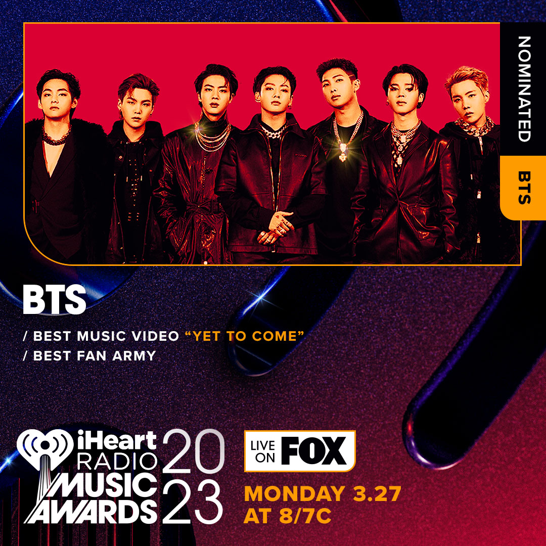 We got nominated for ‘Best Music Video’ with ‘Yet To Come’ & ‘Left and Right (feat. Jung Kook of BTS),’ and ‘Best Fan ARMY’ at the 2023 @iHeartRadio Music Awards! Thank you so much for your love and support, #BTSARMY💜 #BTS #YetToCome #BestMusicVideo #BestFanARMY #iHeartAwards