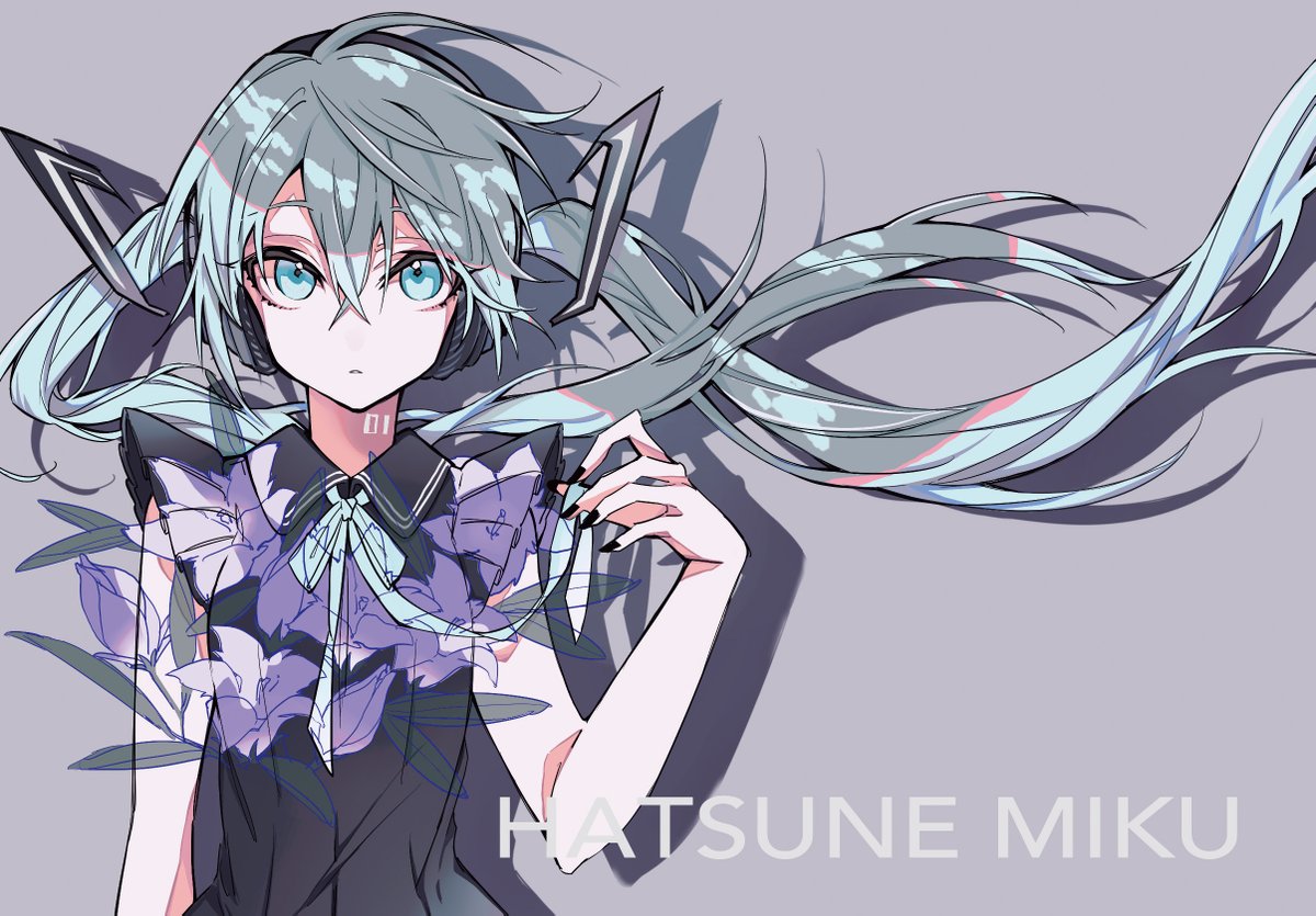 hatsune miku 1girl solo long hair flower twintails floating hair grey background  illustration images