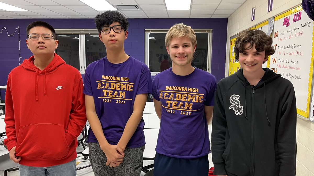 Mrs_Yost8's tweet photo. CONGRATULATIONS to our ACADEMIC TEAM who went UNDEFEATED TONIGHT!!! These gentlemen won all three of their matches tonight!! What a way to start the year!! 💜👏🏻👏🏻👏🏻👏🏻💛@BulldogLife_WHS @GOWHS_StudSec @WaucondaCUSD118 @WaucondaHS118 https://t.co/dQoQjILHEz