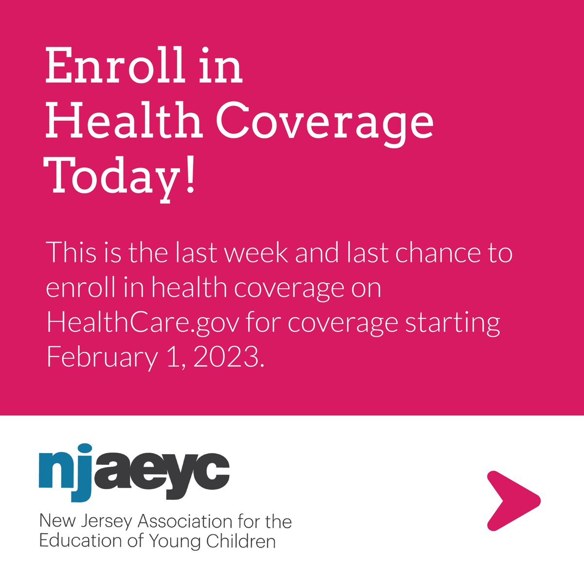 njaeyc's tweet photo. Enroll in Health Coverage today! Deadline to enroll is Jan. 15th. Visit https://t.co/qD6B7J6nkq today to view your options. 

Don't wait–your health is important! https://t.co/4r3e96A5xa