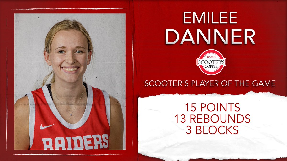 nwcraiders's tweet photo. WBB | Recording her second double-double of the season, Emilee Danner erupted for 15 points and 13 rebounds.

It also sets a new career-high in rebounding for the senior, earning her @scooterscoffee 𝙋𝙡𝙖𝙮𝙚𝙧 𝙤𝙛 𝙩𝙝𝙚 𝙂𝙖𝙢𝙚!

#RaidersStandOut | @nwcwbasketball https://t.co/I8Jsvydmh6