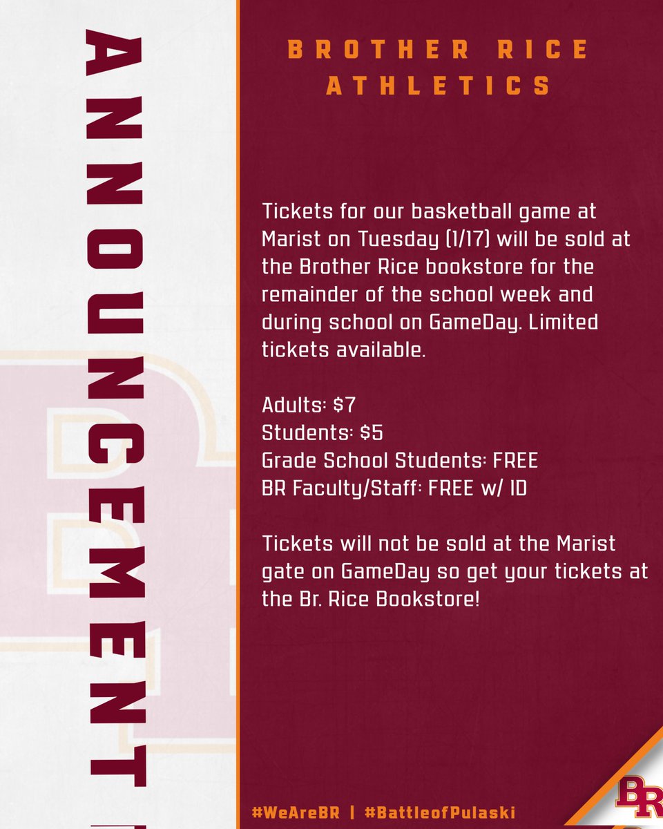 BRice_Athletics's tweet photo. Get your @BR_Hoops tickets in the Brother Rice Bookstore for Tuesday, January 17th's Battle of Pulaski at Marist. Limited tickets available! ⚔️🏀

#WeAreBR  |  #BattleofPulaski https://t.co/cUWgkjIk4M