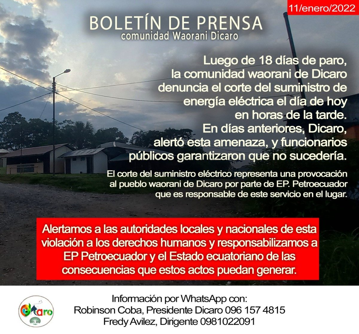 #URGENTE 
🔴Comunidad waorani de Dicaro denuncia corte de energía eléctrica luego de 18 días de protestas contra @EPPETROECUADOR.
