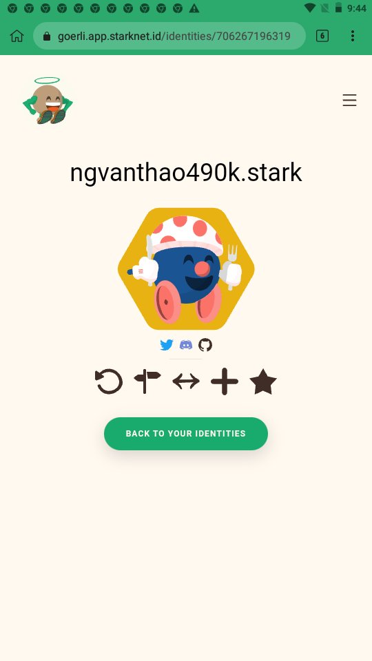 Nguyễn Văn Thảo (@ngvanthao490k) on Twitter photo I claimed my ".stark" domain name on <a href="/Starknet_id/">Starknet.id</a>
Claim yours before it's too late for a big surprise 👀 ...
#StarkNet #StarknetIdOdyssey I claimed my ".stark" domain name on <a href="/Starknet_id/">Starknet.id</a>
Claim yours before it's too late for a big surprise 👀 ...
#StarkNet #StarknetIdOdyssey