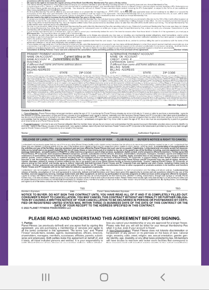 hackerceo's tweet image. If any lawyer wants to sue @PlanetFitness here&apos;s a start, signup via their app, no ability to download and view their contract PDF but they force you to agree after showing you this in non-zoomable display #appdesign