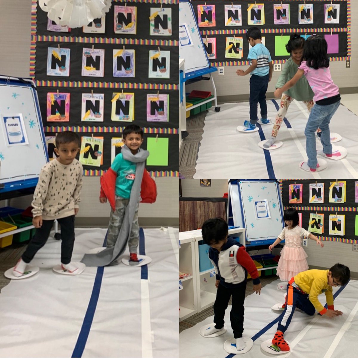 Our classroom ice rink has been a huge hit! They enjoy cocoa by the fireplace to warm up when they’re done. @hugheselem @PISDPreK #makeithappen #playislearning