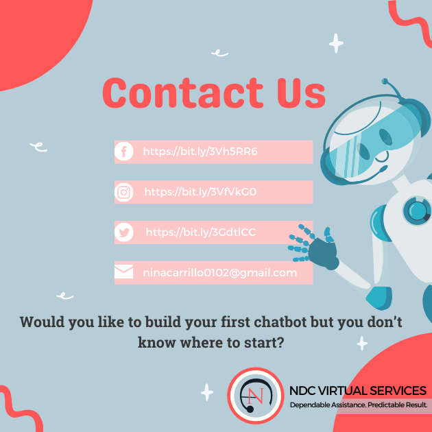 ndcvirtualsvcs's tweet photo. We'll 🙋🏼‍♀️ create a chatbot🤖 for your company so you can focus on what's crucial—growing your business.

Connect with Us!
Fb Page https://t.co/X1Kq8rx3Ot 
📧 ninacarrillo0102@gmail.com

#ndcvirtualsvcs #dependableva #virtualassistant #businesssupport #outsource https://t.co/3bvdvugMLw
