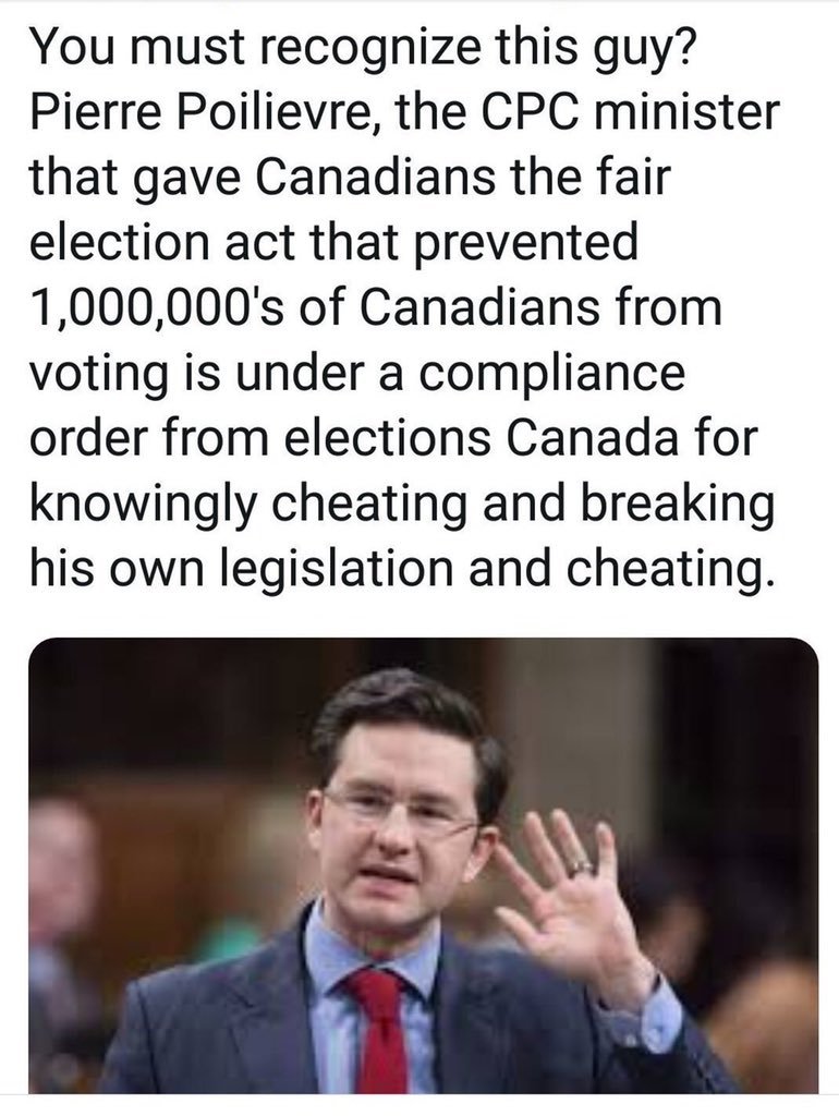 Swift01_2000's tweet photo. @PierrePoilievre Seriously Skippy?
Says the ONLY sitting MP with a Compliance Order with Elections Canada for election fraud!
🙄

#CdnPoli  
#CPC #CPCNonsense
#PierrePoilievreIsLyingToYou 
#PierrePoilievreMustGo
#PeePeeMustGo 
#PierrePoilievreIsBroken https://t.co/0D3avHk5jJ