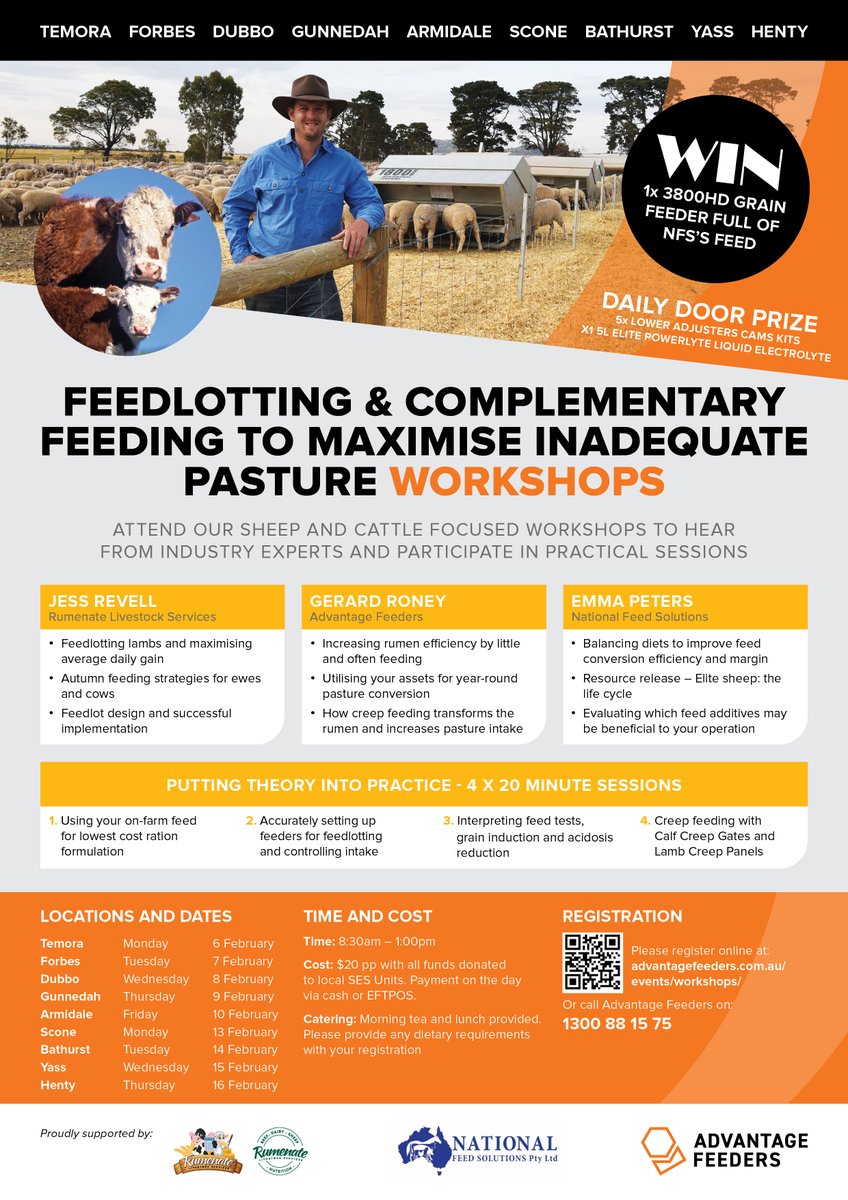 FEBRUARY NSW WORKSHOPS 💥

FEEDLOTTING &amp; COMPLEMENTARY FEEDING TO MAXIMISE INADEQUATE PASTURE WORKSHOPS

Register your interest today    
advantagefeeders.com.au/events/worksho…