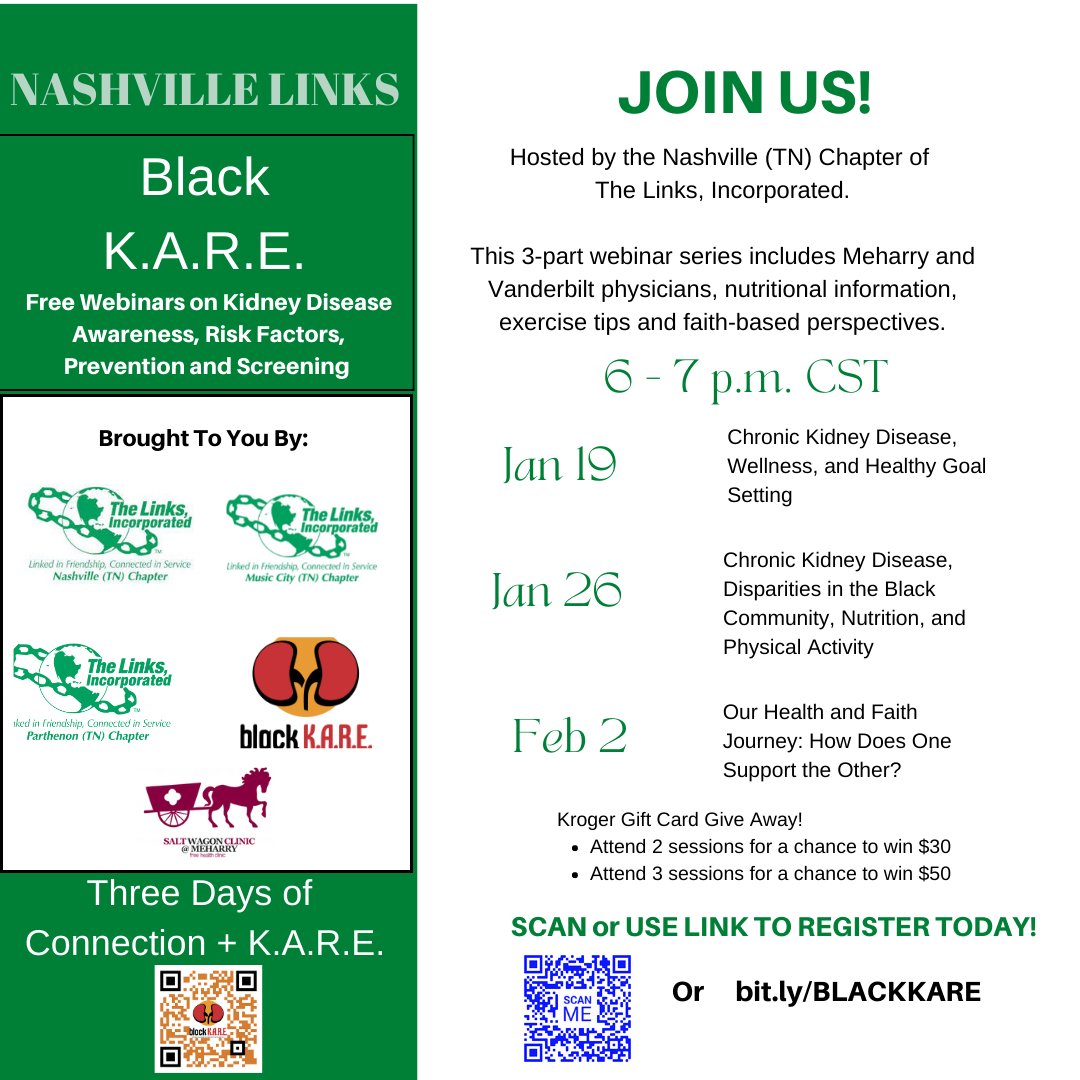 Learn more about Kidney Disease during our upcoming webinar series. To participate in these free webinars, register using the QR code or link in the image. #BlackKare #CALinks #NashvilleLinksServe