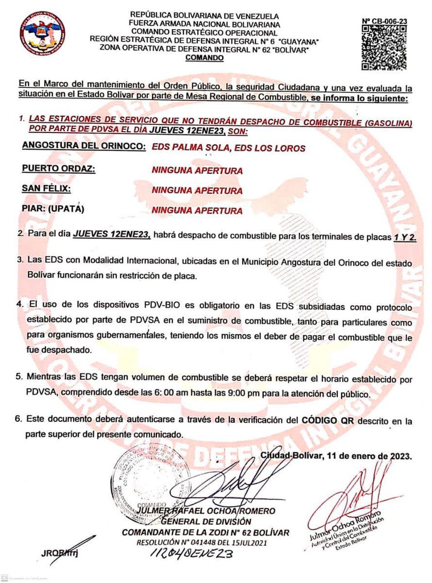 #Bolívar Este jueves #12Ene no habrá despacho de combustible en San Felix, Puerto Ordaz y Upata.