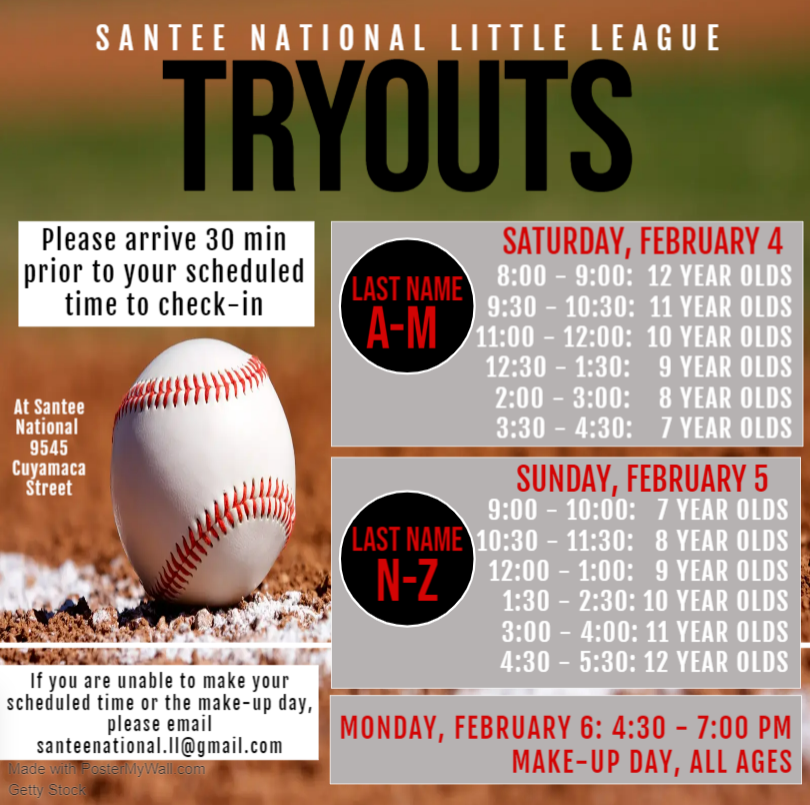 santeebaseball's tweet photo. Tryouts are coming up soon!
If you have any questions, please email SanteeNational.LL@gmail.com https://t.co/y85MgMcXI6