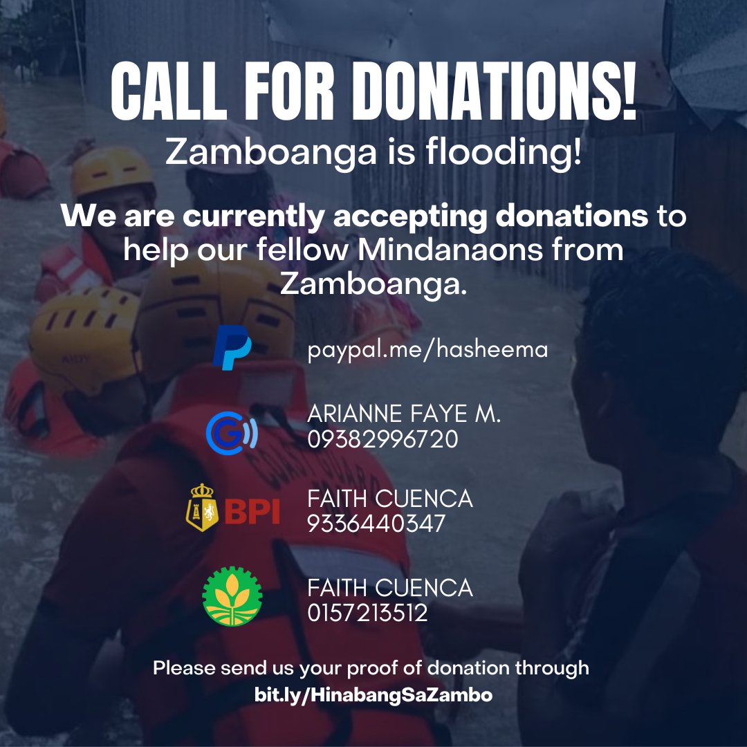 📣 CALL FOR DONATIONS 📣

Non-stop rains has caused severe flooding in #ZamboangaCity over the last 48 hours. Multiple communities have been displaced and are in need of immediate assistance due to the massive destruction brought about by the calamity.