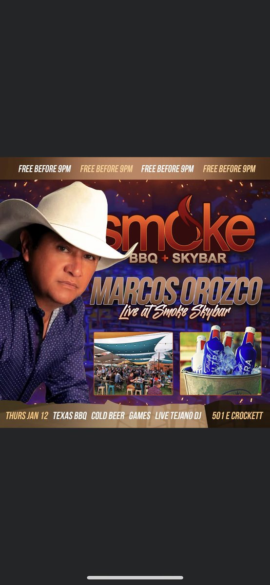 Come out to Smoke BBQ+Skybar this Thursday January 12, 2022 and catch the man himself Marcos Orozco Y Grupo Rebelde LIVE! This is a FREE Concert before 9pm with a $5 Cover After. Premium Seating is available at: eventbrite.com/e/marcos-orozc…