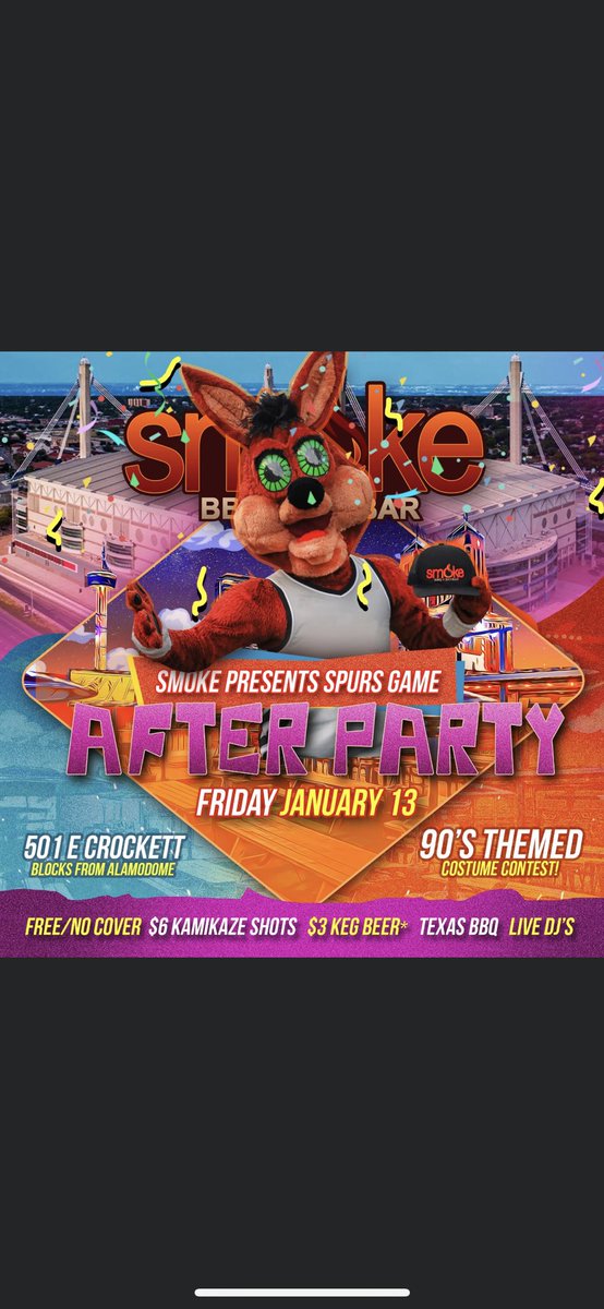 Attending the Spurs Game at the Alamodome this Friday January 13, 2023? Come out to Smoke BBQ+Skybar and keep the 90's theme rolling! We will have LIVE DJ's, Texas BBQ, Drink Specials, Games, TV's, a 90's Theme Costume Contest and more!