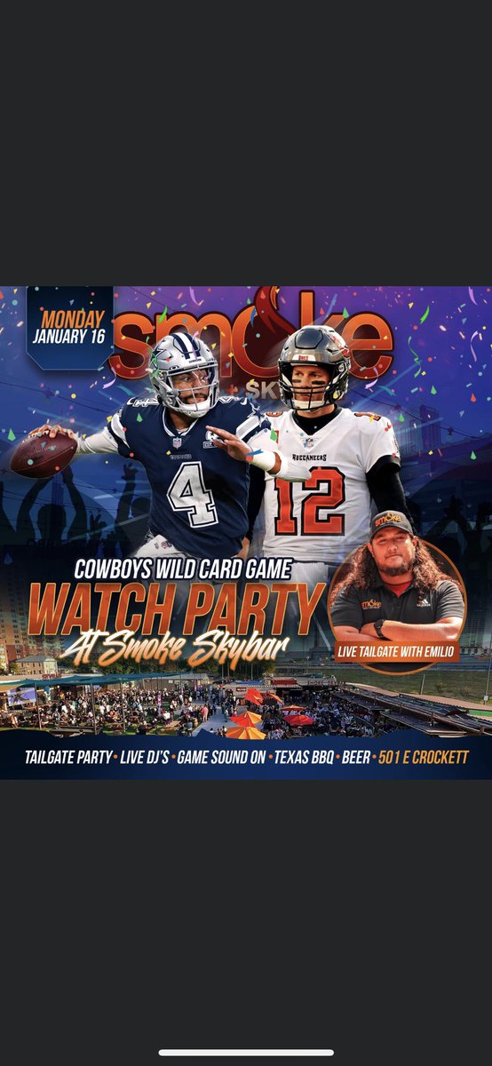 Come out to the LARGEST Dallas Cowboys TAILGATE PARTY in the City at Smoke BBQ+Skybar this Monday January 16, 2023! Come out and enjoy our Newly Re-Designed Space, LIVE Pit Cooking by our Pitmaster Emilio, Texas BBQ, Cold Beer, 2 Big Screens, over 15 TVs, Games and More!
