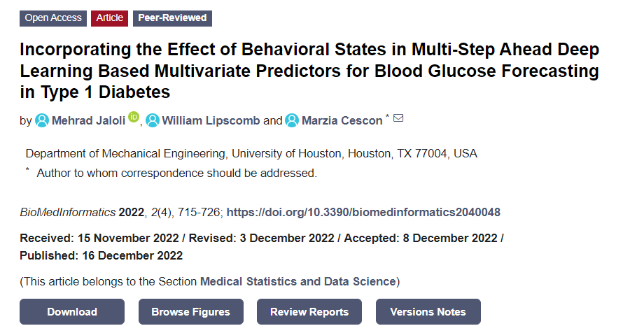 Biomedinfo_MDPI's tweet photo. Dr. Marzia Cescon, University of Houston, and the co-author published the paper:
Incorporating the Effect of #Behavioral States in Multi-Step Ahead #DeepLearning Based Multivariate Predictors for Blood Glucose #Forecasting in Type 1 #diabetes  
https://t.co/ekQGB8JnKE https://t.co/rNehZ5bvj7